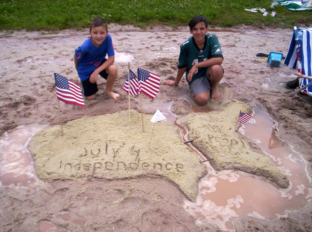 Good ‘ol USA on “Independence Day” (divided by the Mississippi River with Texas near the west shore and Florida on the far right), created by brothers Marcel (left) and Bryson Rusin.